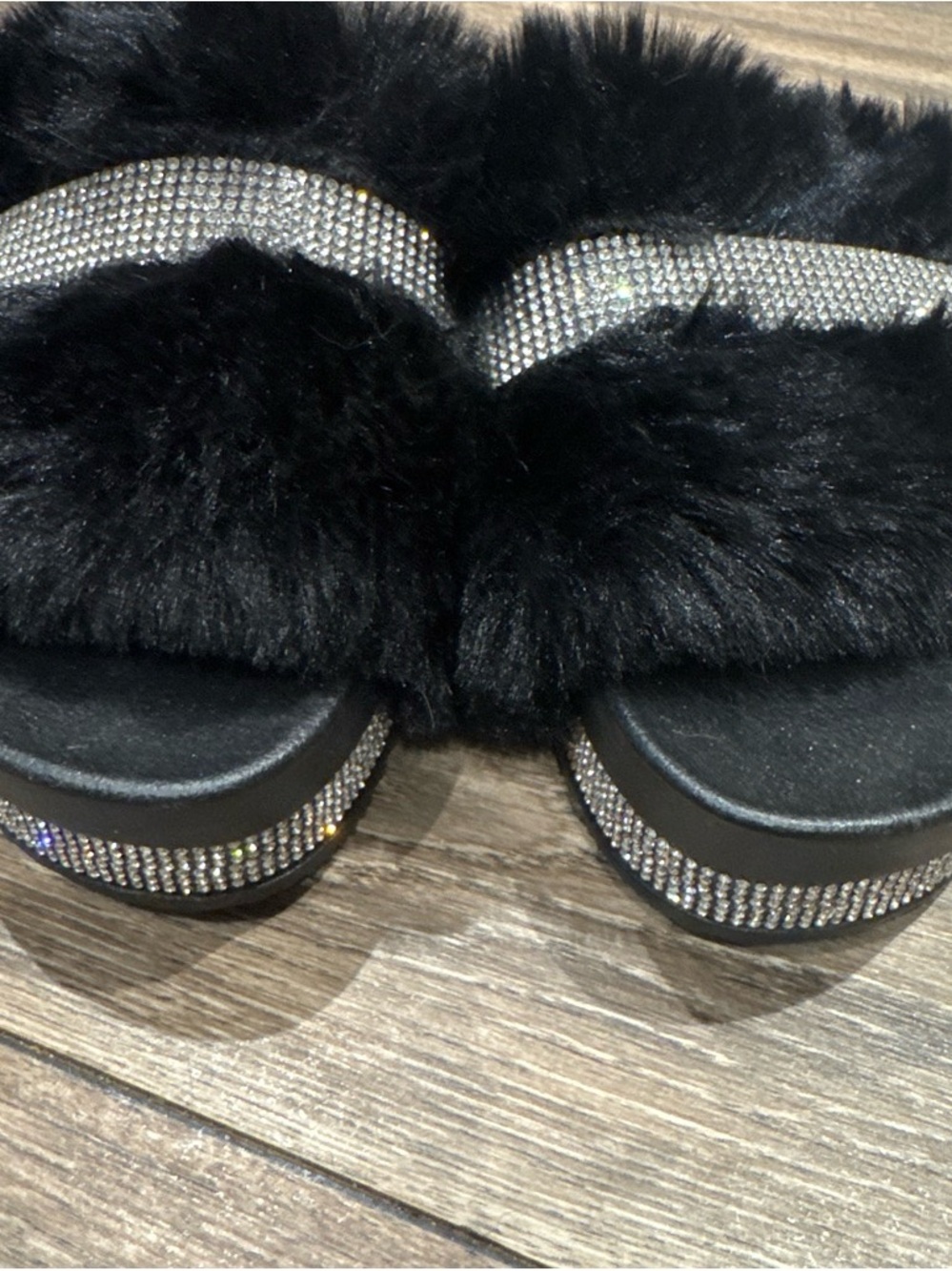 Underground Black Faux Fur Slide with Crystal Embellishment